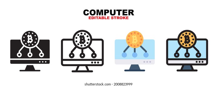 Outline, glyph black, flat color and filled line color, icon symbol set, computer digital bitcoin concept, Isolated vector design, editable stroke