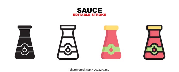 Outline, glyph black, flat color and filled line color, icon symbol set, sauce concept, Isolated vector design, editable stroke