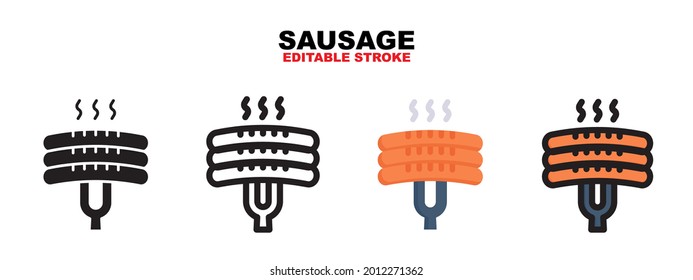 Outline, glyph black, flat color and filled line color, icon symbol set, sausage concept, Isolated vector design, editable stroke
