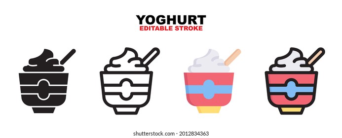Outline, glyph black, flat color and filled line color, icon symbol set, yoghurt concept, Isolated vector design, editable stroke
