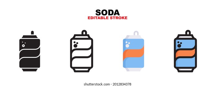 Outline, glyph black, flat color and filled line color, icon symbol set, soda concept, Isolated vector design, editable stroke