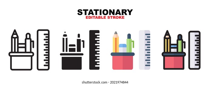 Outline, glyph black, flat color and filled line color, icon symbol set, stationery concept, Isolated vector design, editable stroke