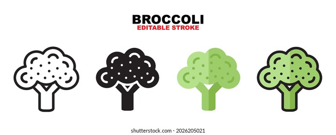 Outline, glyph black, flat color and filled line color, icon symbol set, broccoli concept, Isolated vector design, editable stroke