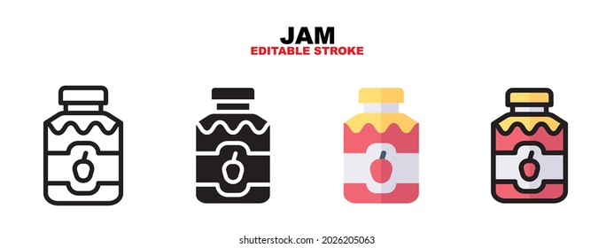 Outline, glyph black, flat color and filled line color, icon symbol set, jam concept, Isolated vector design, editable stroke