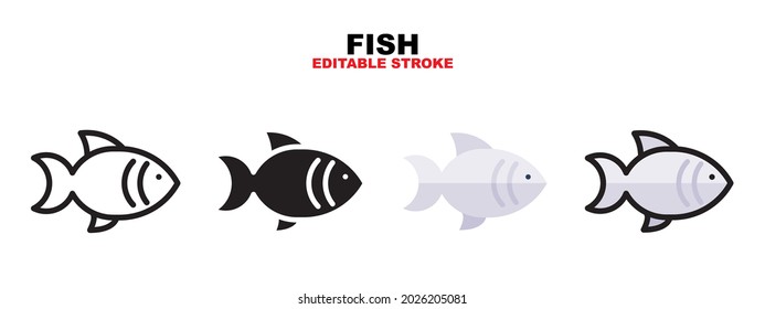 Outline, glyph black, flat color and filled line color, icon symbol set, fish concept, Isolated vector design, editable stroke