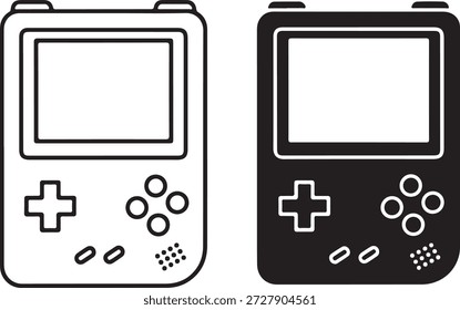 Outline and glyph icon set featuring a handheld game console. Modern minimal style, flat art, and digital line art suitable for web and app design. Portable device for on-the-go video gaming entertainment. Retro gaming, travel, and technology concept.