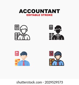 Outline, glyph solid black, flat color and filled line color, icon symbol set, accountant concept, Isolated vector design, editable stroke