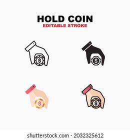 Outline, glyph solid black, flat color and filled outline color, icon symbol set, hold coin dollar money concept, Isolated vector design, editable stroke