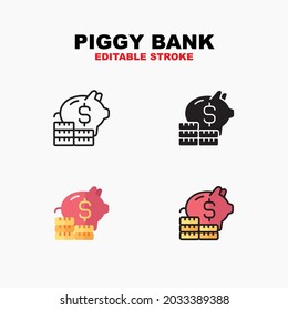 Contorno, negro glifo sólido, color plano y color de contorno relleno, conjunto de símbolos de iconos, concepto de banco de cerillas con monedas, diseño vectorial aislado, trazo editable