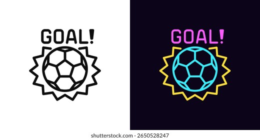 Ícone da meta do contorno, com traçado editável. Bola de futebol acertou com o texto Gol, ícone do jogo de futebol. Torneio de futebol, jogo de futebol, chute e bola, tempo de gol, jogo de esporte, ganhar pênalti. Ícone de vetor