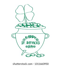 Outline of a golden coin pot with a clover. St Patrick day. Vector illustration design