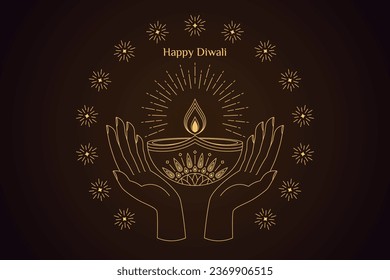 Outline golden Diya with fire and light rays, human palm hands, fireworks flash. Golden Diya lamp with lotus flower pattern, Deepavali oil candle. Happy Diwali, Festival of the Lights in India.