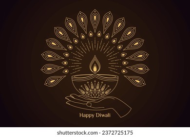 Outline golden Diya with flame and light rays, human hand, abstract peacock feathers. Deepavali oil candle, golden Diya lamp with lotus flower pattern. Happy Diwali, Festival of the Lights in India.