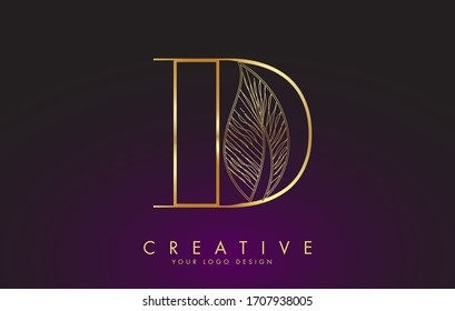 Outline Golden Letter D Logo icon with Wired Leaf Concept Design. Letter D with nature concept. Eco and Organic Letter Vector Illustration. 