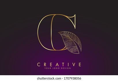 Outline Golden Letter G Logo icon with Wired Leaf Concept Design. Letter G with nature concept. Eco and Organic Letter Vector Illustration. 