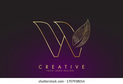 Outline Golden Letter W Logo icon with Wired Leaf Concept Design. Letter W with nature concept. Eco and Organic Letter Vector Illustration. 