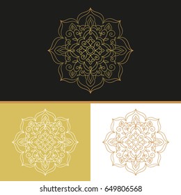 Outline golden mandala vector. Luxury floral design for florist logo, bridal shower or wedding invitation emblem, save the date or anniversary card, cosmetics or perfume label, spa beauty flyer.