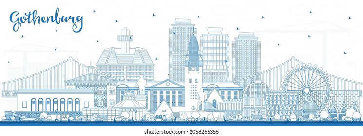 Outline Gothenburg Sweden City Skyline with Blue Buildings. Vector Illustration. Gothenburg Cityscape with Landmarks. Business Travel and Tourism Concept with Historic Architecture.