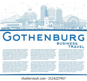 Outline Gothenburg Sweden City Skyline with Blue Buildings and Copy Space. Vector Illustration. Gothenburg Cityscape with Landmarks. Business Travel and Tourism Concept with Historic Architecture.