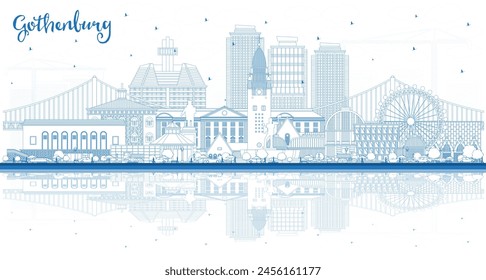 Outline Gothenburg Sweden City Skyline with Blue Buildings and reflections. Vector Illustration. Gothenburg Cityscape with Landmarks. Travel and Tourism Concept with Historic Architecture.