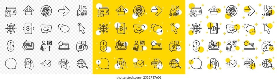 Outline Gps, Cursor and Messenger line icons pack for web with Checkbox, International globe, Voicemail line icon. Web search, Shop app, Speech bubble pictogram icon. Yummy smile. Vector