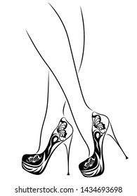 Outline of graceful female feet in abstract shoes with butterfly, black over white vector artwork