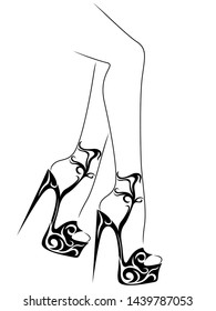 Outline of graceful female feet in abstract floral shoes, black over white vector artwork
