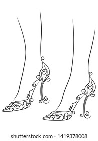 Outline of graceful female feet in floral shoes with abstract heels, black over white vector artwork