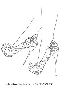 Outline of graceful female feet in floral shoes with abstract heels and butterfly, black over white vector artwork