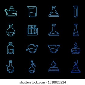 outline gradient icons - laboratory flasks, graduated measuring cup and test tubes for diagnosis, analysis, scientific experiment. Chemical lab and equipment. Isolated vector objects or signs 
