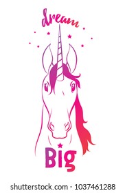 outline gradient unicorn with dream big lettering phrase vector illustration