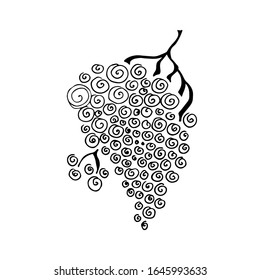 Dibuja el logotipo de la uva. Dibujo de doodle dibujado a mano negra. Ilustración vectorial negra aislada en blanco. Arte de línea. 