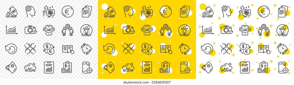 Outline Graph, Squad and Read instruction line icons pack for web with Seo phone, Photo camera, Report document line icon. Employees teamwork, Engineering, Report pictogram icon. Vector