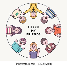 Outline graphic design style greeting people character. circle layout. flat design style minimal vector illustration