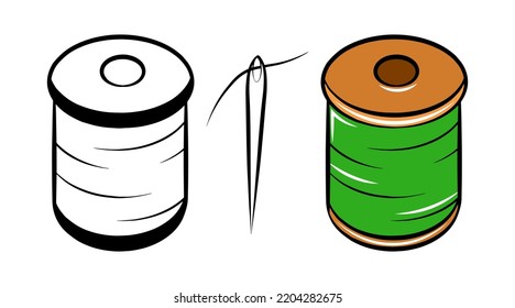 Outline graphic thread icon set with sewing needle, isolated simple shape, sewing tools.