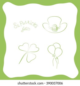 Outline of green balls, hat, clover leaves, lettering St. Patrick's Day on white, green frame. Icons, background, greeting card