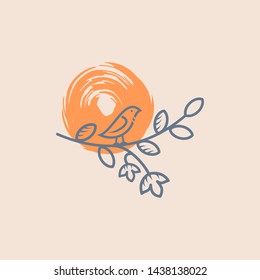 outline green leaf an orange brush. boutique, beauty and photography logo. feminine logo.