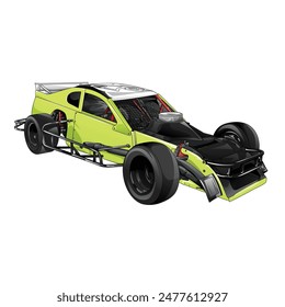 Outline green and painted racing car. Isolated in black background, for t-shirt design, print and for business purposes.