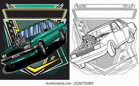 Outline green and painted racing car. Isolated in white background, for t-shirt design, print. and for business purposes.