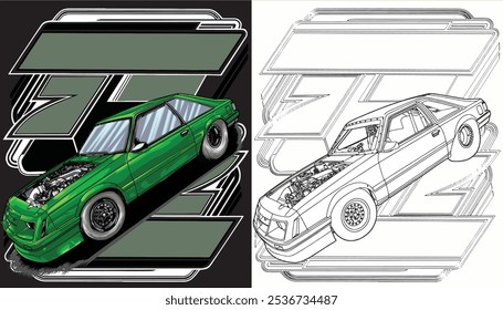 Outline green and painted racing car. Isolated in white background, for t-shirt design, print. and for business purposes.
