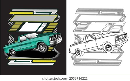 Outline green and painted racing car. Isolated in white background, for t-shirt design, print. and for business purposes.