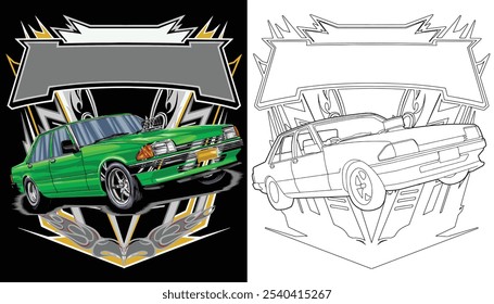 Outline green and painted racing car. Isolated in white background, for t-shirt design, print. and for business purposes.