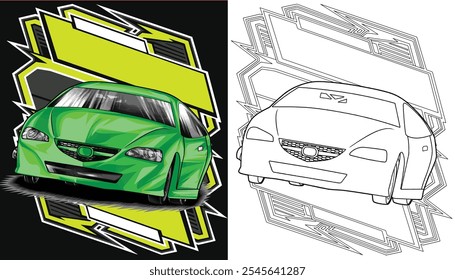 Outline green and painted racing car. Isolated in black background, for t-shirt design, print. and for business purposes.