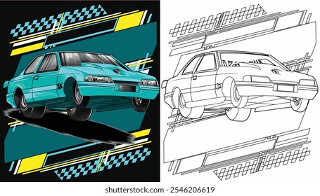 Outline green and painted racing car. Isolated in white background, for t-shirt design, print. and for business purposes.