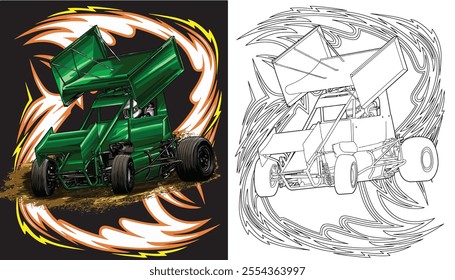 Outline green and painted racing car. Isolated in black background, for t-shirt design, print, and for business purposes.