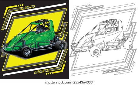 Outline green and painted racing car. Isolated in black background, for t-shirt design, print, and for business purposes.