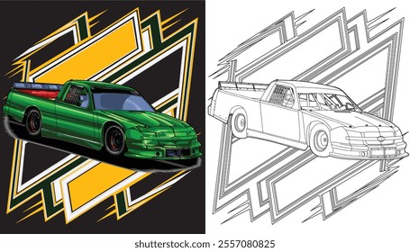 Outline green and painted racing car. Isolated in black background, for t-shirt design, print, and for business purposes.