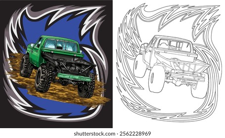 Outline green truck splash, isolated on a black background, for t-shirt design, print, and for business, purposes.