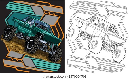 Outline green truck splash isolated on a black background for t-shirt design, print, and business purposes.