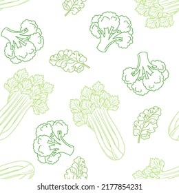 Contorno el fondo de las verduras verdes. Patrón vectorial sin fisuras con iconos alimentarios. Simple ilustración de brócoli, apio y hoja de kale verde.